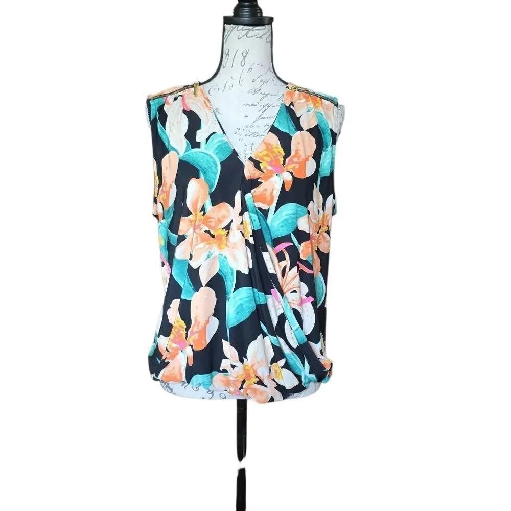 INC International Concepts Women's Size Medium Black Tropical Print Blouse